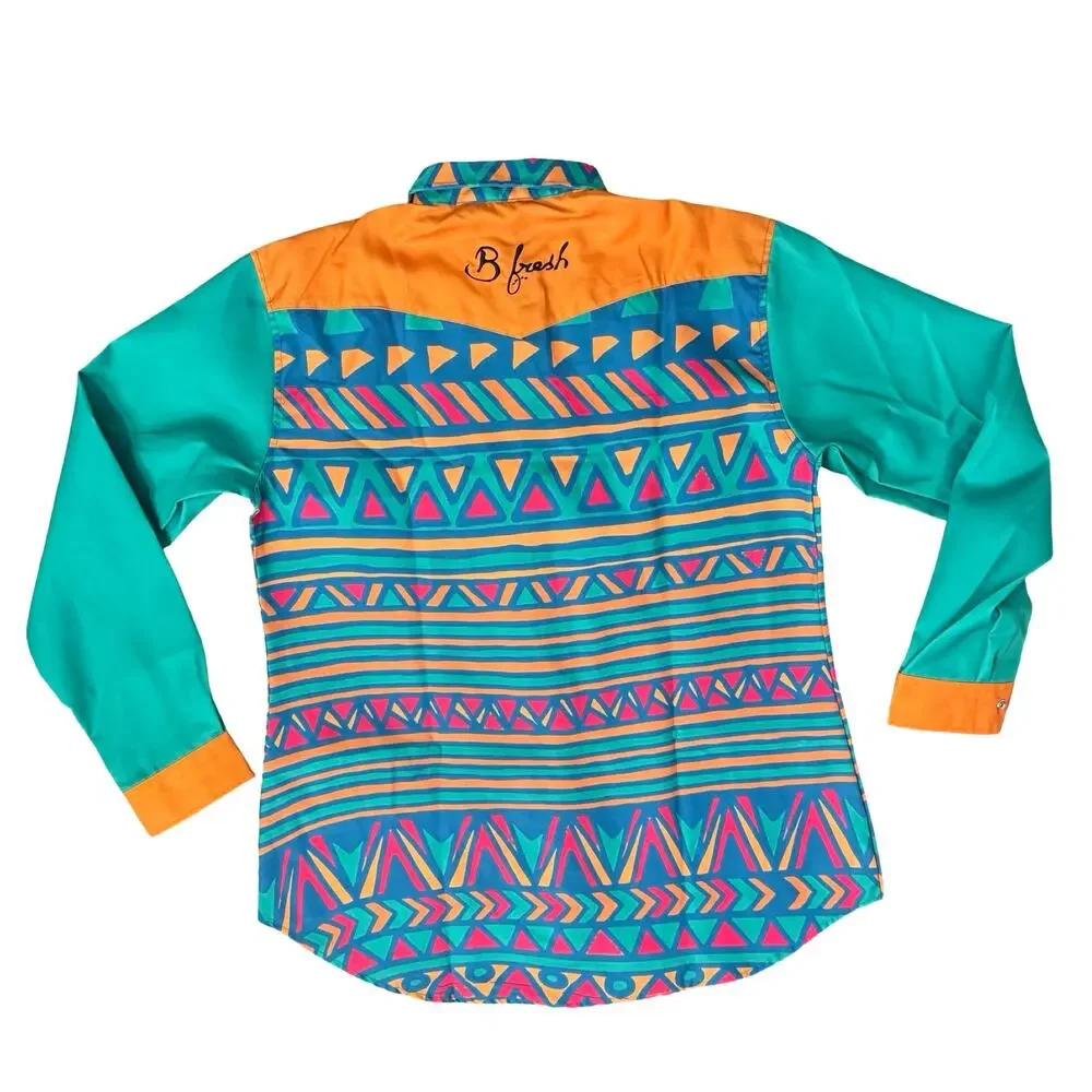 B Fresh Jazzy J Orange Blue Retro 90s Pearl Snap Button Up Shirt size XL NEW Tag - Picture 5 of 9